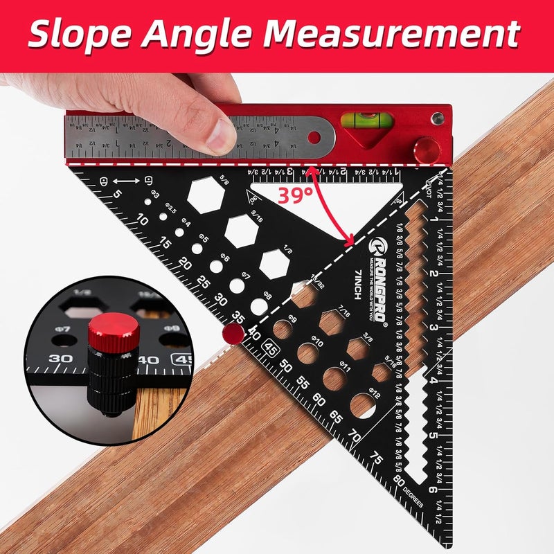 RONGPRO 8 in 1 Rafter Square with Carpenter Pencil, Multi-Purpose Carpenter Square Tools: Square, Protractor, Steel Ruler, MarkingGauge, T-Bevel Gauge, Bubble Level - Image 3